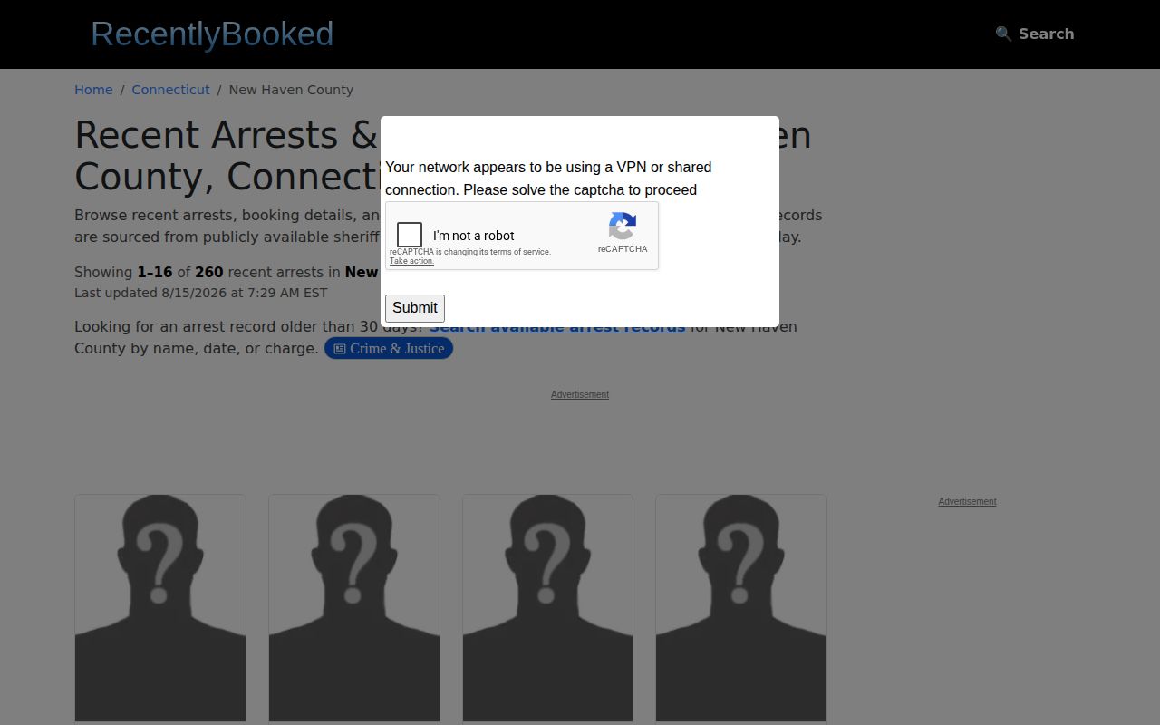 Unofficial RecentlyBooked New Haven County booking page