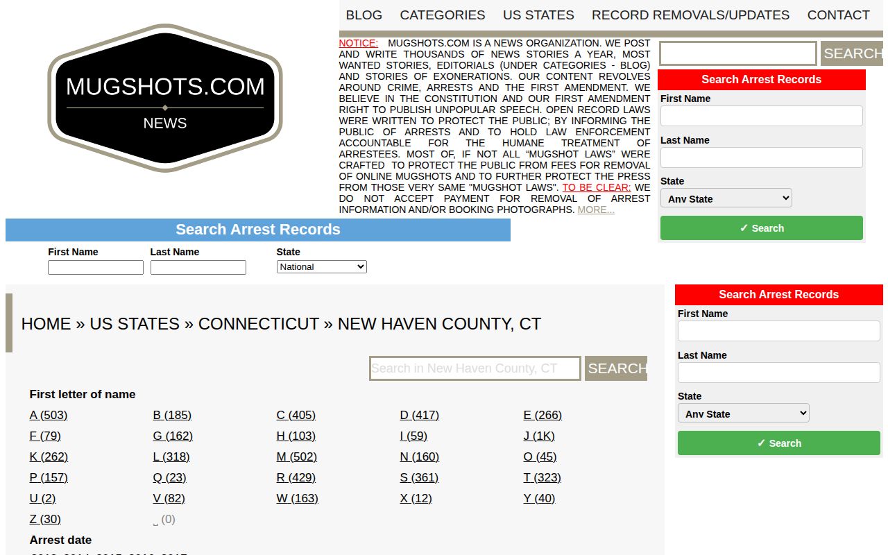 Stale Mugshots.com archive for New Haven County records