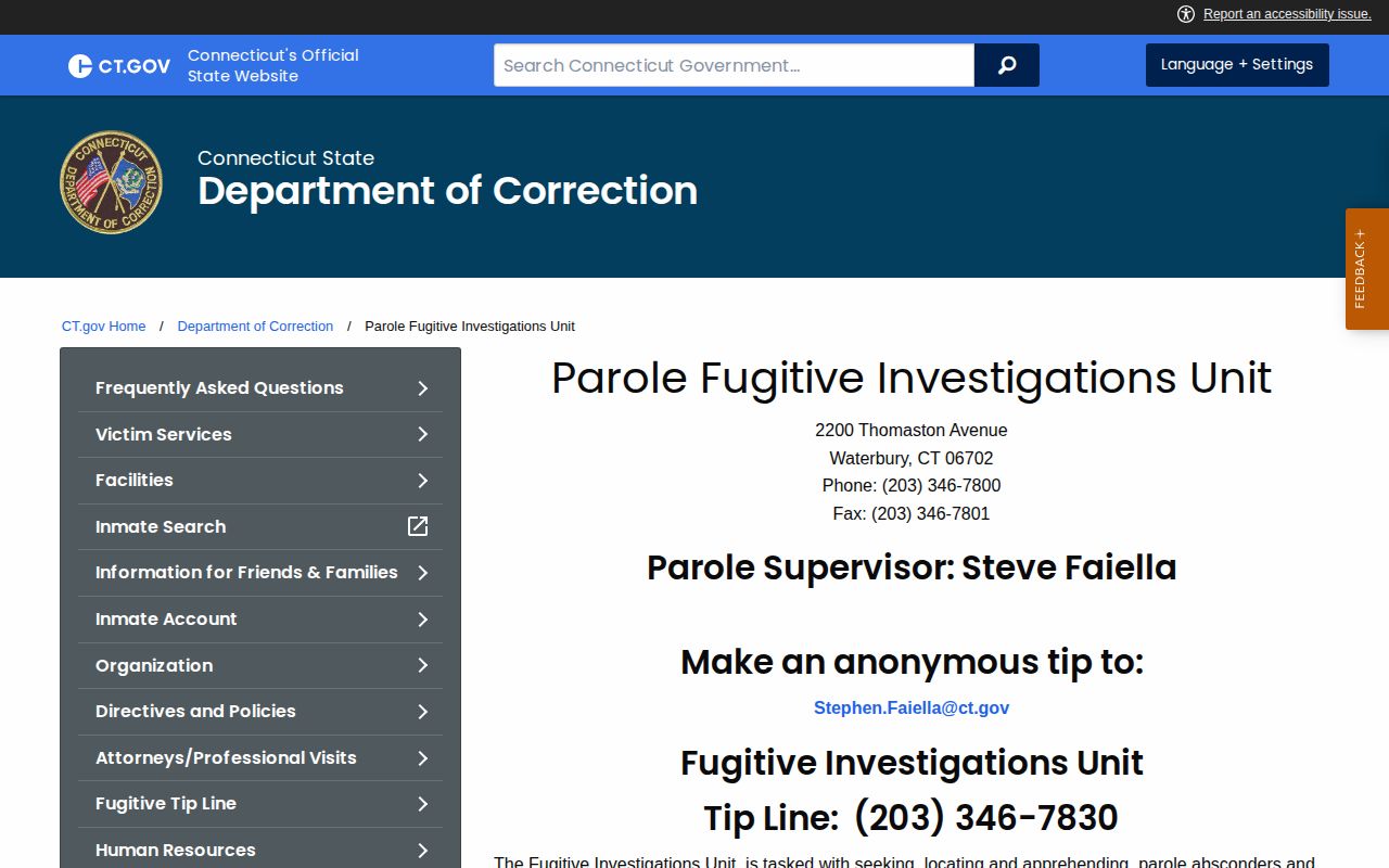 CT DOC parole fugitive contacts for New Haven County