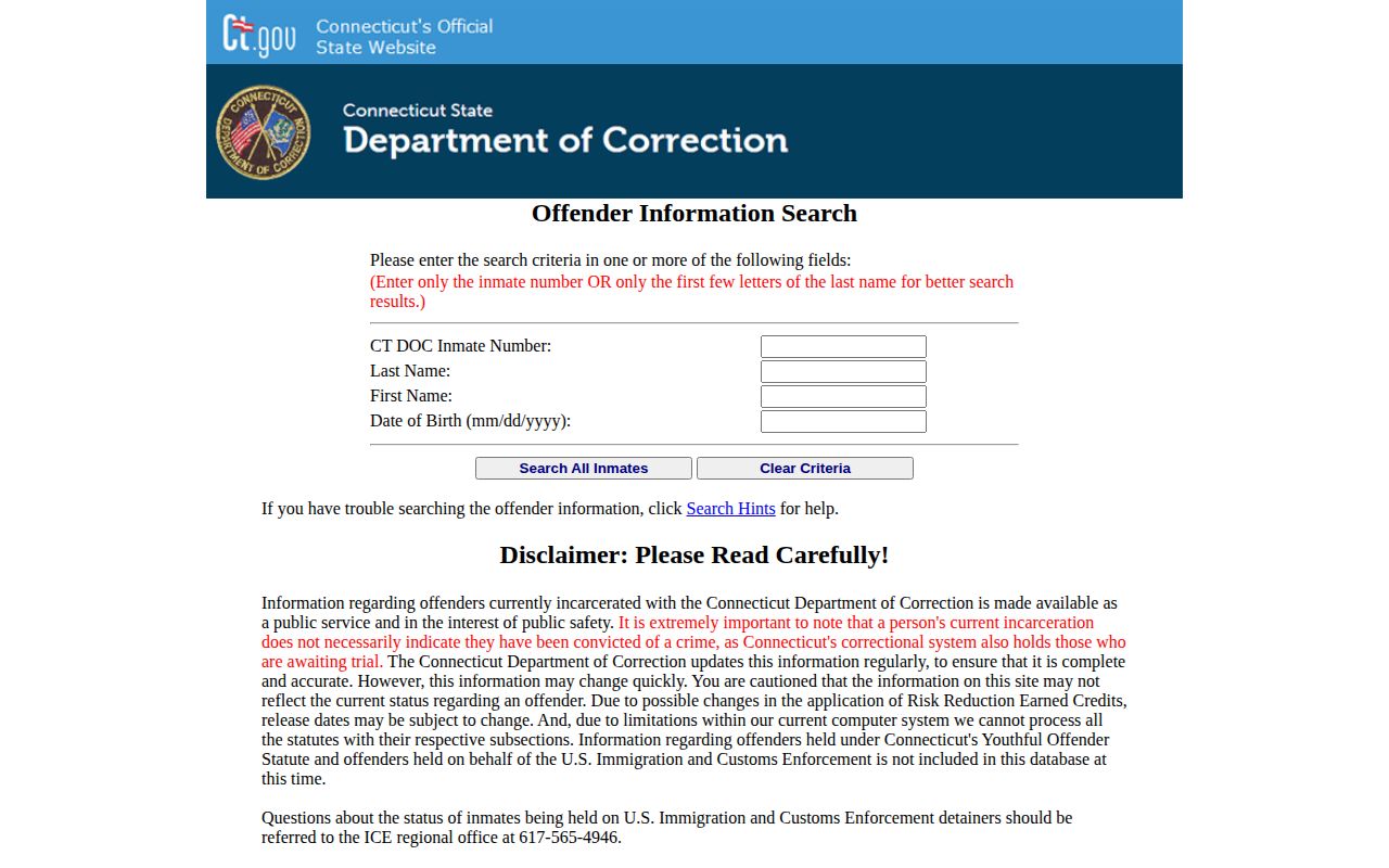 New Haven County booking and CT DOC inmate search form
