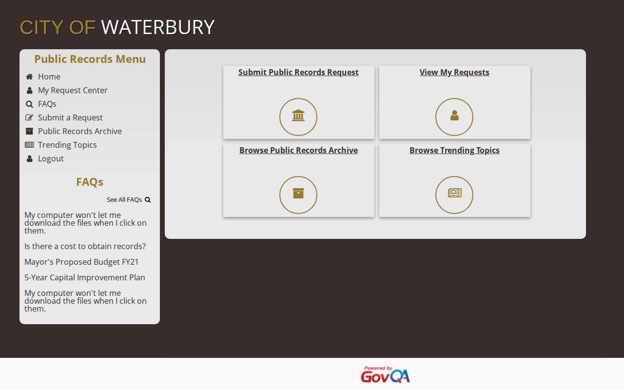 New Haven County Waterbury police public record request interface