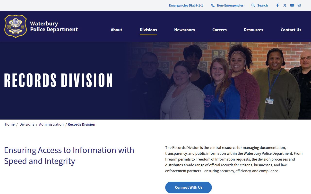 New Haven County Waterbury Police arrest records request page